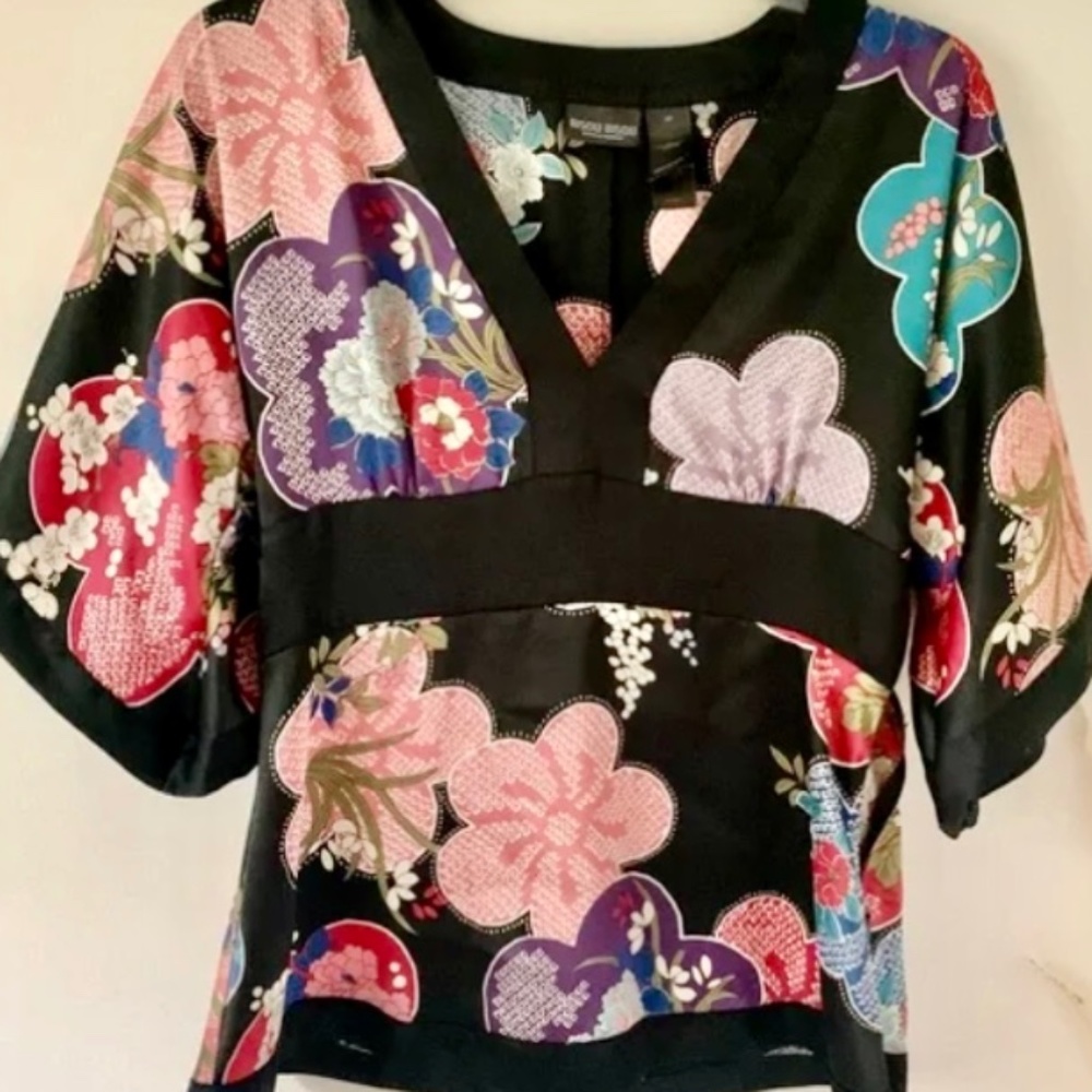 Bisou Bisou Black Satin Floral Kimono Blouse sz 22